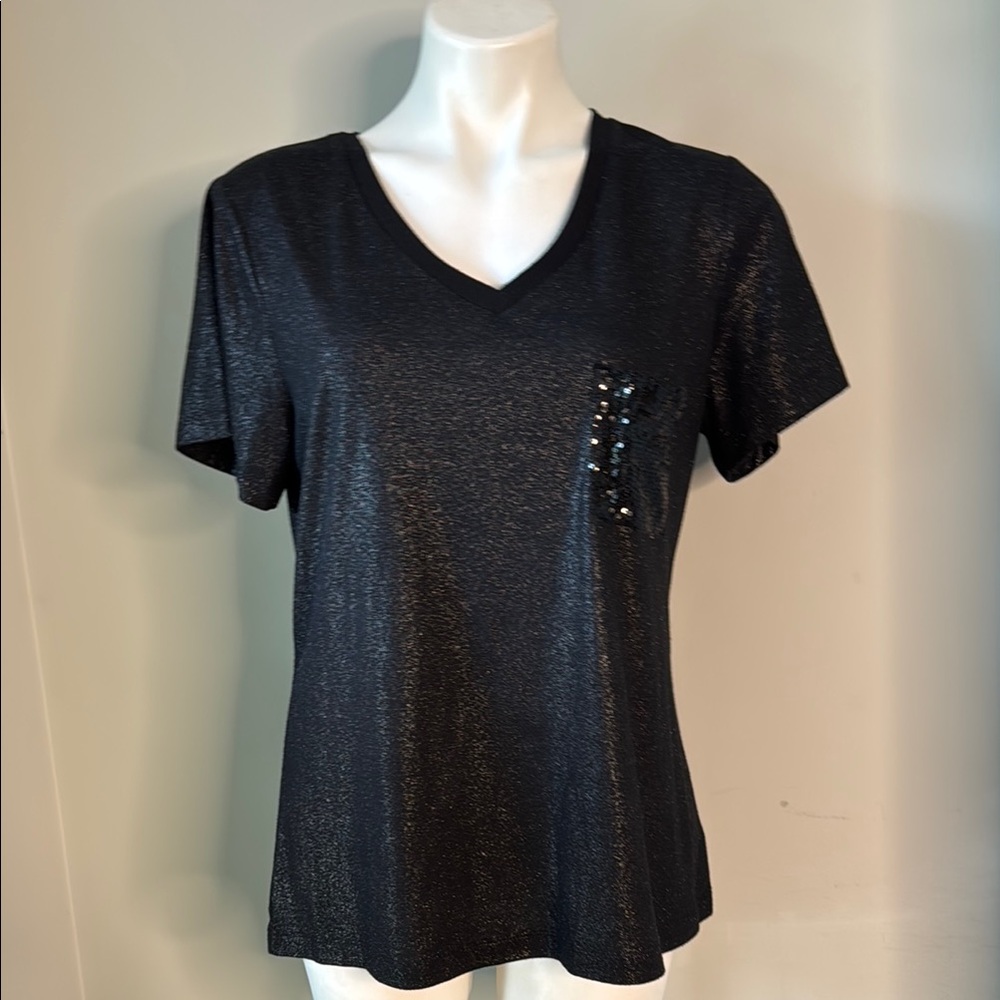 Allen B. Black sparkle Sequin Zip Back Tee size Large